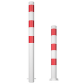 Twee wit-rode afzetpalen, Ø89 mm, voor verankering in beton of op voetplaat.