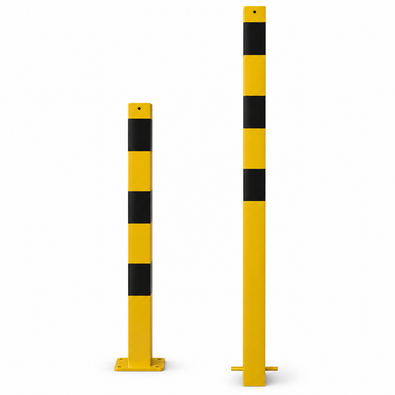 Twee geel-zwarte afzetpalen, 70x70 mm, één met voetplaat en één voor betonverankering.