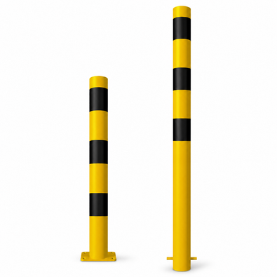 Twee gele en zwarte afzetpalen Ø89 mm, één met voetplaat en één voor betonverankering.
