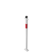 Witte kettingpaal Ø42 mm met rode band, zwarte dop, 2 kettingogen en voetplaat.
