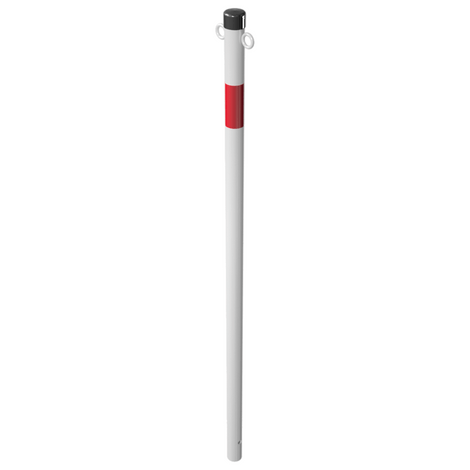 Witte kettingpaal Ø42 mm met rode band, zwarte dop en twee kettingogen voor betonverankering.