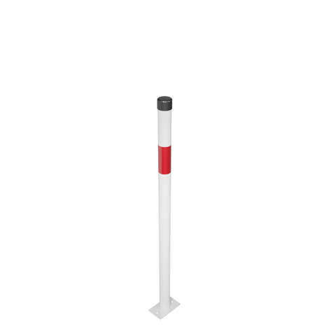 Witte en rode kettingpaal Ø42 mm met zwarte dop, gemonteerd op een voetplaat.