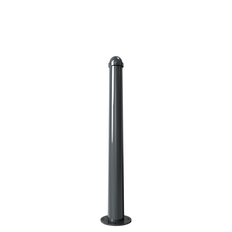 Donkergrijze design afzetpaal Ø102 mm met glanzende helm kop, vast op voetplaat voor vloermontage.
