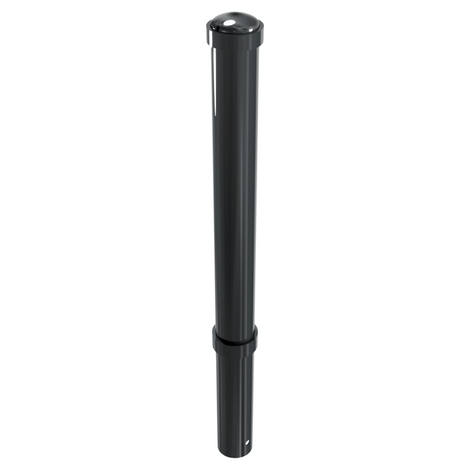 Zwarte design afzetpaal Ø108 mm met helm kop, vast in de grond voor betonverankering.