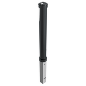Zwarte design afzetpaal Ø108 mm met helm kop, uitneembaar voor betonverankering en driekantslot.