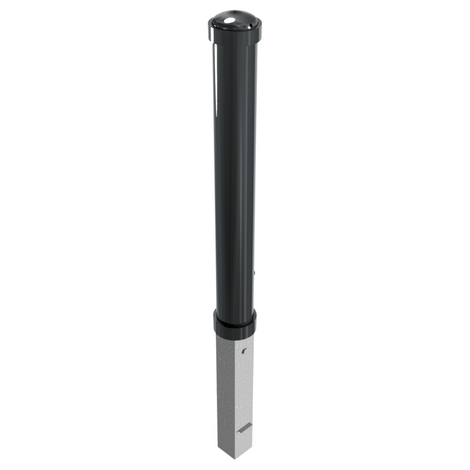 Zwarte design afzetpaal Ø108 mm met helm kop, uitneembaar voor betonverankering en driekantslot.