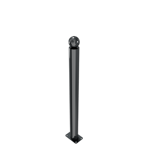 Zwarte design afzetpaal Ø76 mm met bolle kop, vast op voetplaat voor vloermontage.