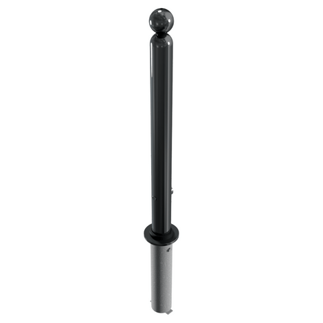 Zwarte design afzetpaal Ø76 mm met kogelkop, uitneembaar voor betonverankering en driekantslot.