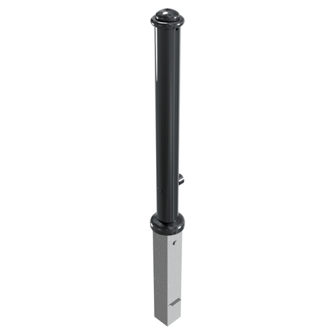 Zwarte design afzetpaal (Ø82 mm) met ringkop, uitneembaar voor betonverankering en driekantslot.