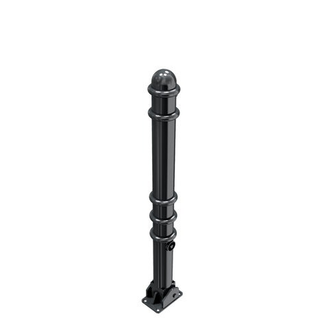 Zwarte design afzetpaal Ø76mm met ringen, neerklapbaar voor vloermontage en driekantslot.