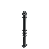 Zwarte design afzetpaal Ø76 mm met ringen en bolkop, vast op voetplaat voor vloermontage.
