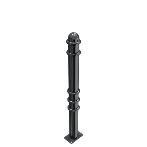 Zwarte design afzetpaal Ø76 mm met ringen en bolkop, vast op voetplaat voor vloermontage.