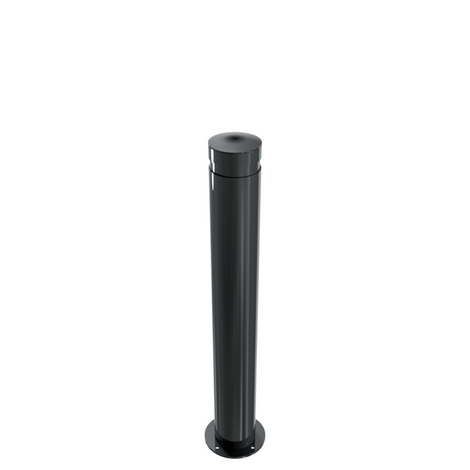 Zwarte design afzetpaal, Ø120 mm, met vlakke kop en voetplaat voor vloermontage.