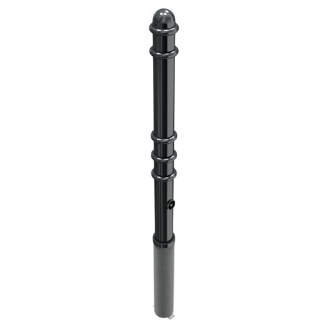 Zwarte design afzetpaal Ø76mm met ringen, uitneembaar voor betonverankering en driekantslot.