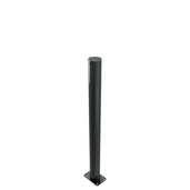 Zwarte design afzetpaal Ø76 mm met vlakke kop, vast op voetplaat voor vloermontage.