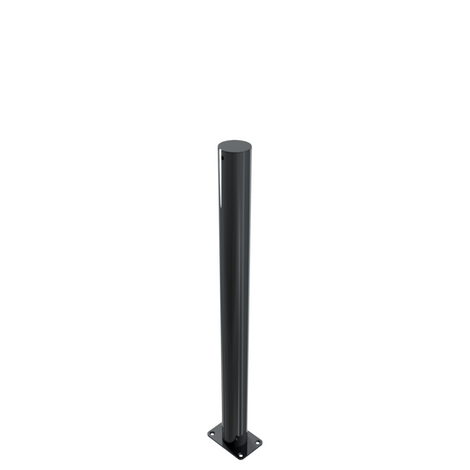 Zwarte design afzetpaal Ø76 mm met vlakke kop, vast op voetplaat voor vloermontage.