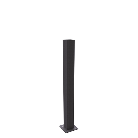 Zwarte design afzetpaal, 80x80 mm, met vlakke kop en voetplaat voor vloermontage.