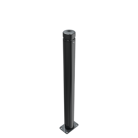 Zwarte design afzetpaal Ø82 mm met vlakke kop, vast op voetplaat voor vloermontage.