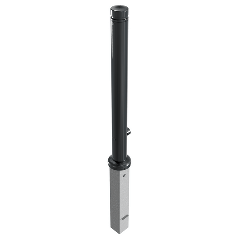 Zwarte design afzetpaal (Ø82 mm) met vlakke kop, uitneembaar voor betonverankering en driekantslot.