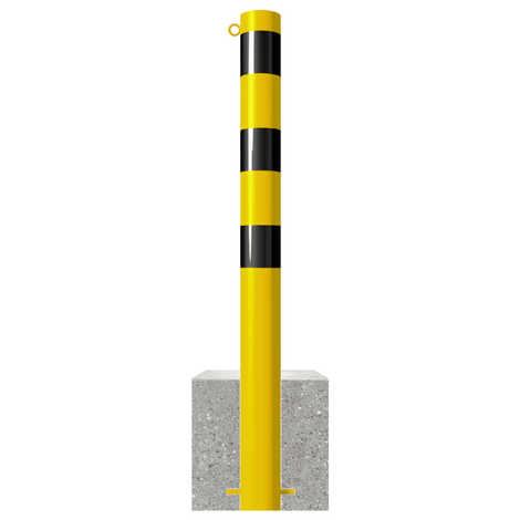 Gele afzetpaal (Ø102 mm) met zwarte strepen, betonvoet en 1 kettingoog.