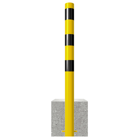Geel-zwarte afzetpaal met betonvoet, Ø60-102 mm, voor professionele verkeersbegeleiding.
