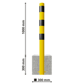 Gele afzetpaal met zwarte strepen en betonvoet, 1000 mm hoog, 300 mm in beton.