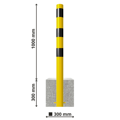 Gele afzetpaal met zwarte strepen en betonvoet, 1000 mm hoog, 300 mm in beton.
