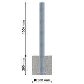 Verzinkte stalen afzetpaal met ronde kop, 1000 mm hoog, in een 300x300 mm betonvoet.