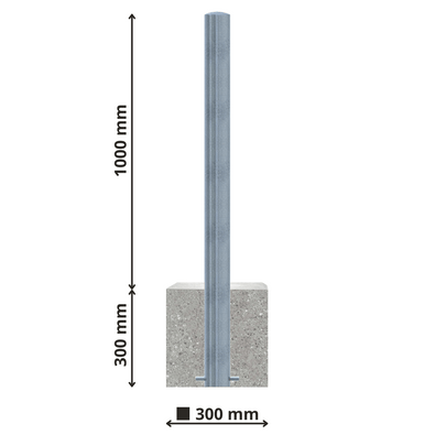 Verzinkte stalen afzetpaal met ronde kop, 1000 mm hoog, in een 300x300 mm betonvoet.