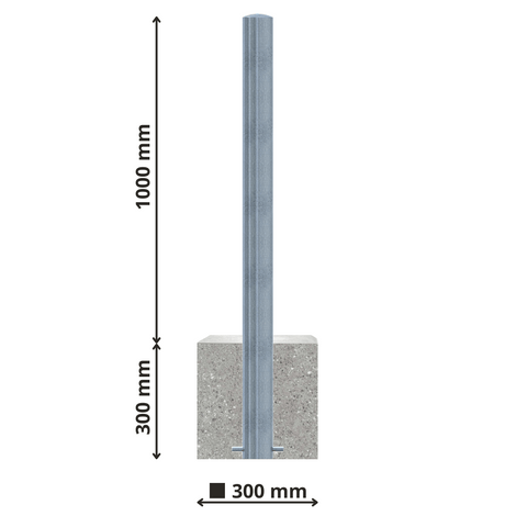 Verzinkte stalen afzetpaal met ronde kop, 1000 mm hoog, in een 300x300 mm betonvoet.