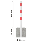 Witte afzetpaal met rode strepen en grijze betonvoet, 1000 mm hoog, 300 mm brede voet.