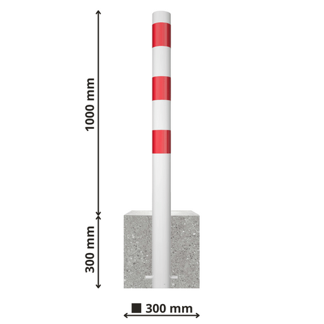 Witte afzetpaal met rode strepen en grijze betonvoet, 1000 mm hoog, 300 mm brede voet.