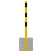 Gele en zwarte afzetpaal met betonvoet, 70x70 mm, voor professionele markering.