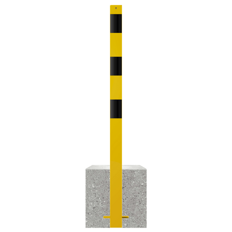 Gele en zwarte afzetpaal met betonvoet, 70x70 mm, voor professionele markering.