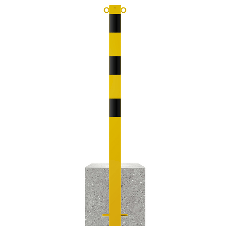 Gele en zwarte afzetpaal met betonvoet, 70x70 mm, met twee kettingogen bovenaan.