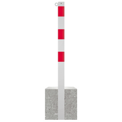 Witte parkeerpaal met rode reflecterende strepen, 70x70 mm, op betonvoet, met 1 kettingoog.