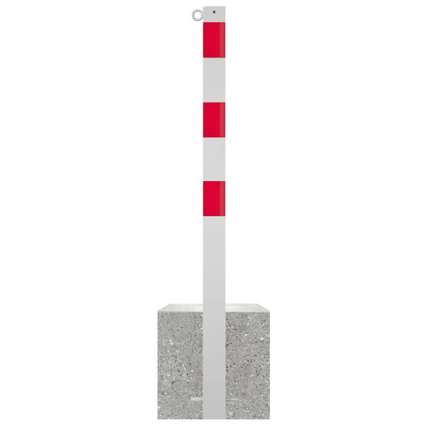 Witte parkeerpaal met rode reflecterende strepen, 70x70 mm, op betonvoet, met 1 kettingoog.