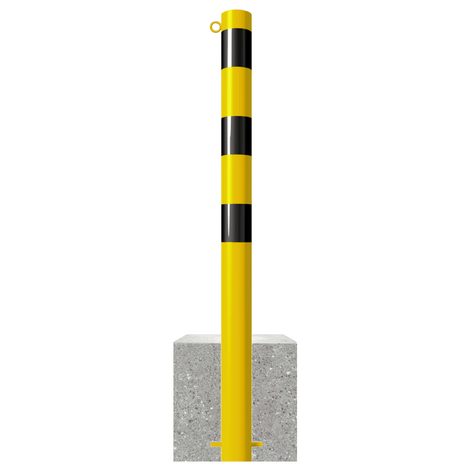 Gele en zwarte afzetpaal met betonvoet, Ø89 mm, voorzien van één kettingoog.
