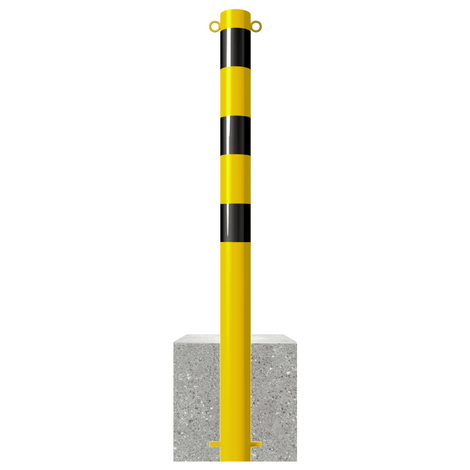 Gele en zwarte afzetpaal met betonvoet, Ø89 mm, twee kettingogen.