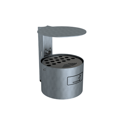 Verzinkte buiten asbak met deksel, ontworpen voor muurbevestiging, met een modern, industrieel design.