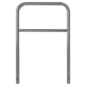Glanzende RVS beschermbeugel Ø48 mm, 800x1200 mm, met tussenbuis en gaten voor betonverankering.