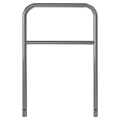 Glanzende RVS beschermbeugel Ø48 mm, 800x1200 mm, met tussenbuis en gaten voor betonverankering.