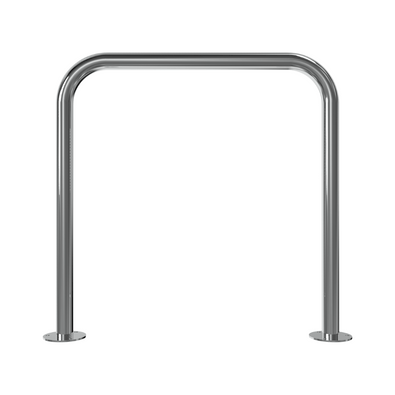 Glanzende RVS beschermbeugel Ø48 mm op ronde voetplaten, zonder tussenbuis, voor professionele toepassingen.
