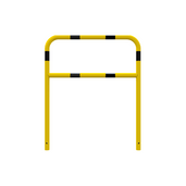Gele en zwart gestreepte beschermbeugel Ø48 mm, 1000x1200 mm, met tussenbuis voor betonverankering.