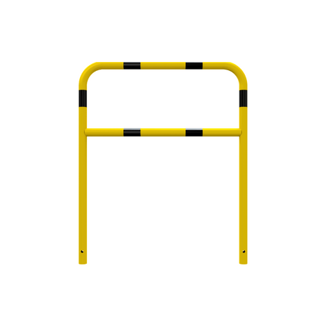 Gele en zwart gestreepte beschermbeugel Ø48 mm, 1000x1200 mm, met tussenbuis voor betonverankering.