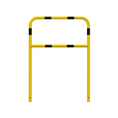 Gele en zwart gestreepte beschermbeugel Ø48 mm, 1000x1400 mm, met tussenbuis voor betonverankering.