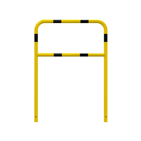 Gele en zwart gestreepte beschermbeugel Ø48 mm, 1000x1400 mm, met tussenbuis voor betonverankering.