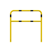 Gele en zwart gestreepte beschermbeugel Ø48 mm, 1200x1200 mm, met tussenbuis voor betonverankering.