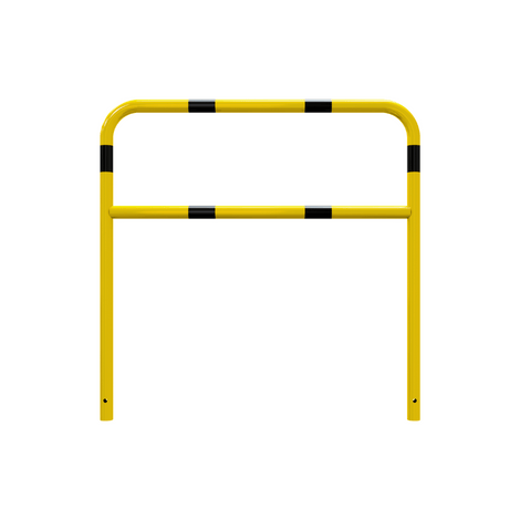Gele en zwart gestreepte beschermbeugel Ø48 mm, 1200x1200 mm, met tussenbuis voor betonverankering.