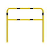Gele en zwart gestreepte beschermbeugel Ø48 mm, 1500x1400 mm, met tussenbuis voor betonverankering.